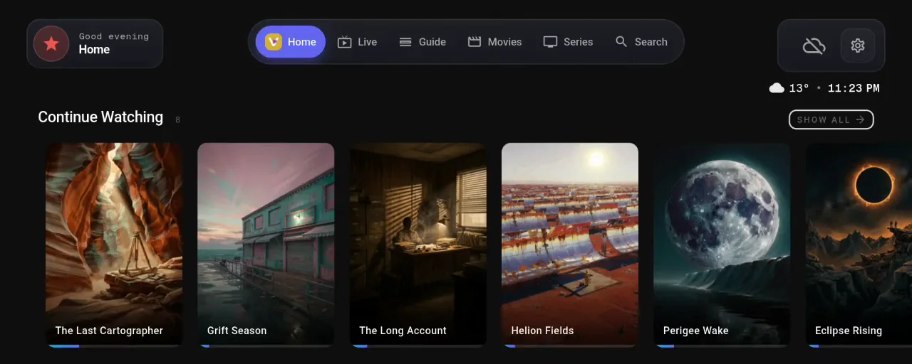 The Vuleo home screen with a Continue Watching row of film posters, each with a progress bar