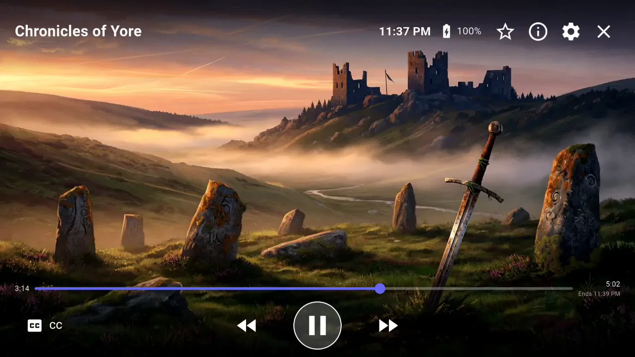 Vuleo playing a film, with the title, the time left and the playback controls over the picture