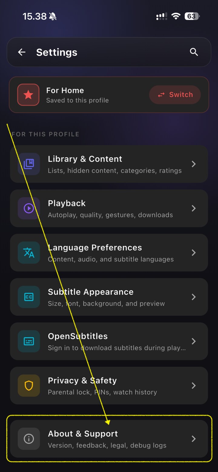 About & Support highlighted in Settings
