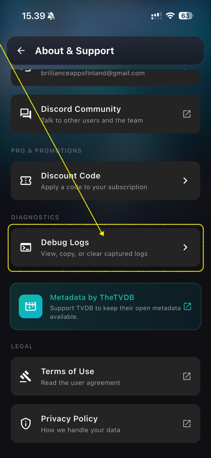 Debug Logs highlighted in About & Support