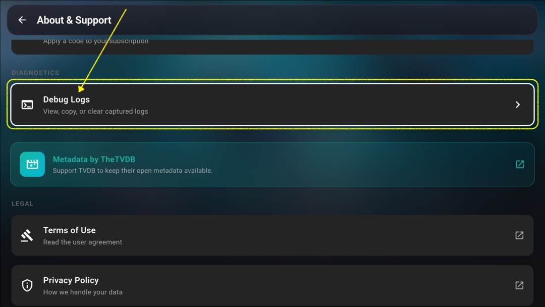 Debug Logs highlighted in TV About & Support
